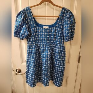 RHODE Blue Floral Mini Dress Puff Sleeve Square Neck Embroidered Small